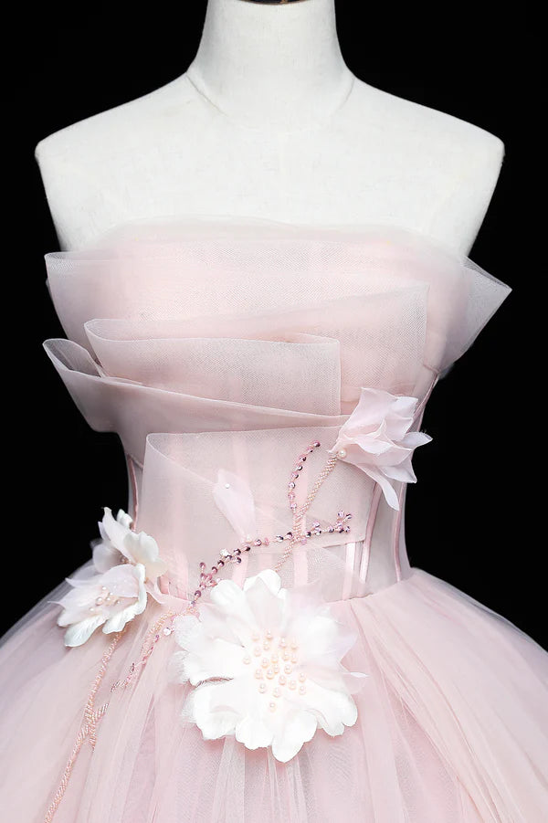 Wholesale Pink Tulle Long A-Line Ball Gown Pink Strapless Princess Sweet 16 Dress